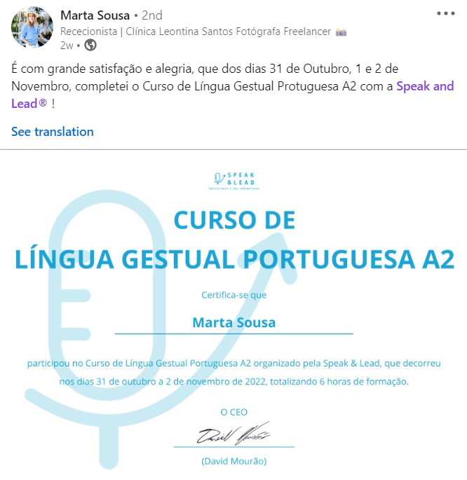 Curso de Língua Gestual Portuguesa A2 (Testemunho)